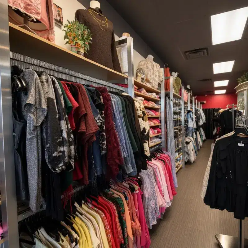 Clothing racks lining a boutique aisle toward a red accent wall