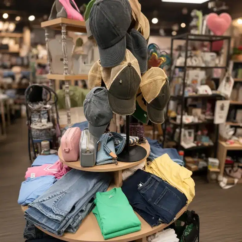 Round wood table with caps, handbags, and stacked tees and denim