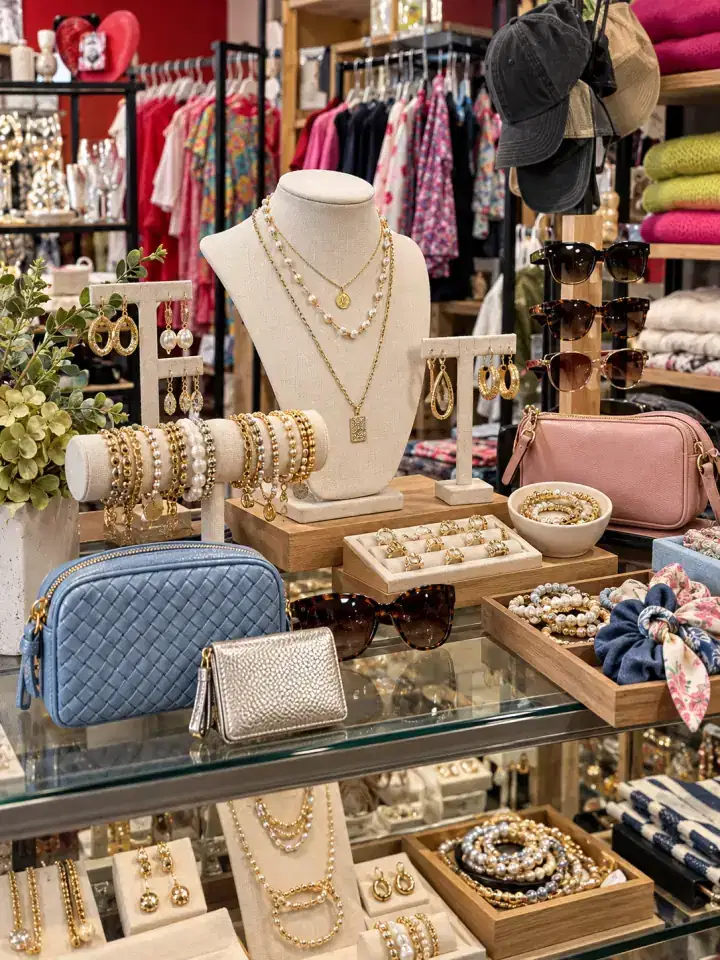 Handbags, wallets, and crossbodies on wood boutique shelves