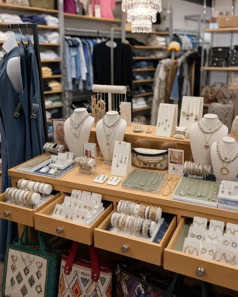 Jewelry island with necklace busts and open drawers of earrings and bracelets
