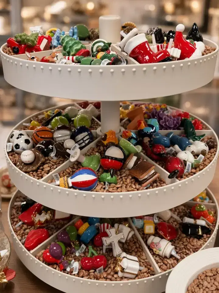 Tiered stand of miniature ceramic toppers on a bed of beans