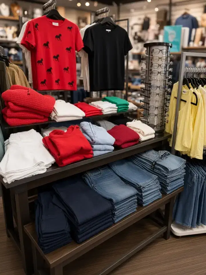 Folded sweaters, jeans, and a sunglasses spinner on a boutique table