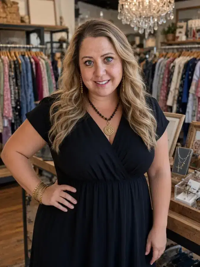 Blonde woman in a black dress and beaded necklace standing in the boutique