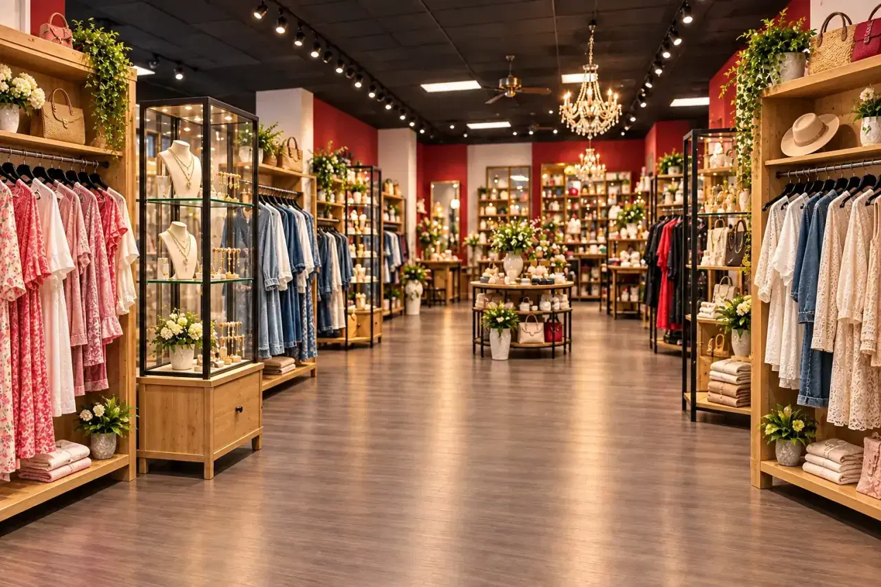 Jewelry island in front of packed clothing racks and handbags in the boutique